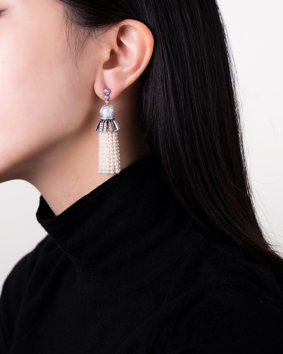Diamond Pearl Tassel Earrings