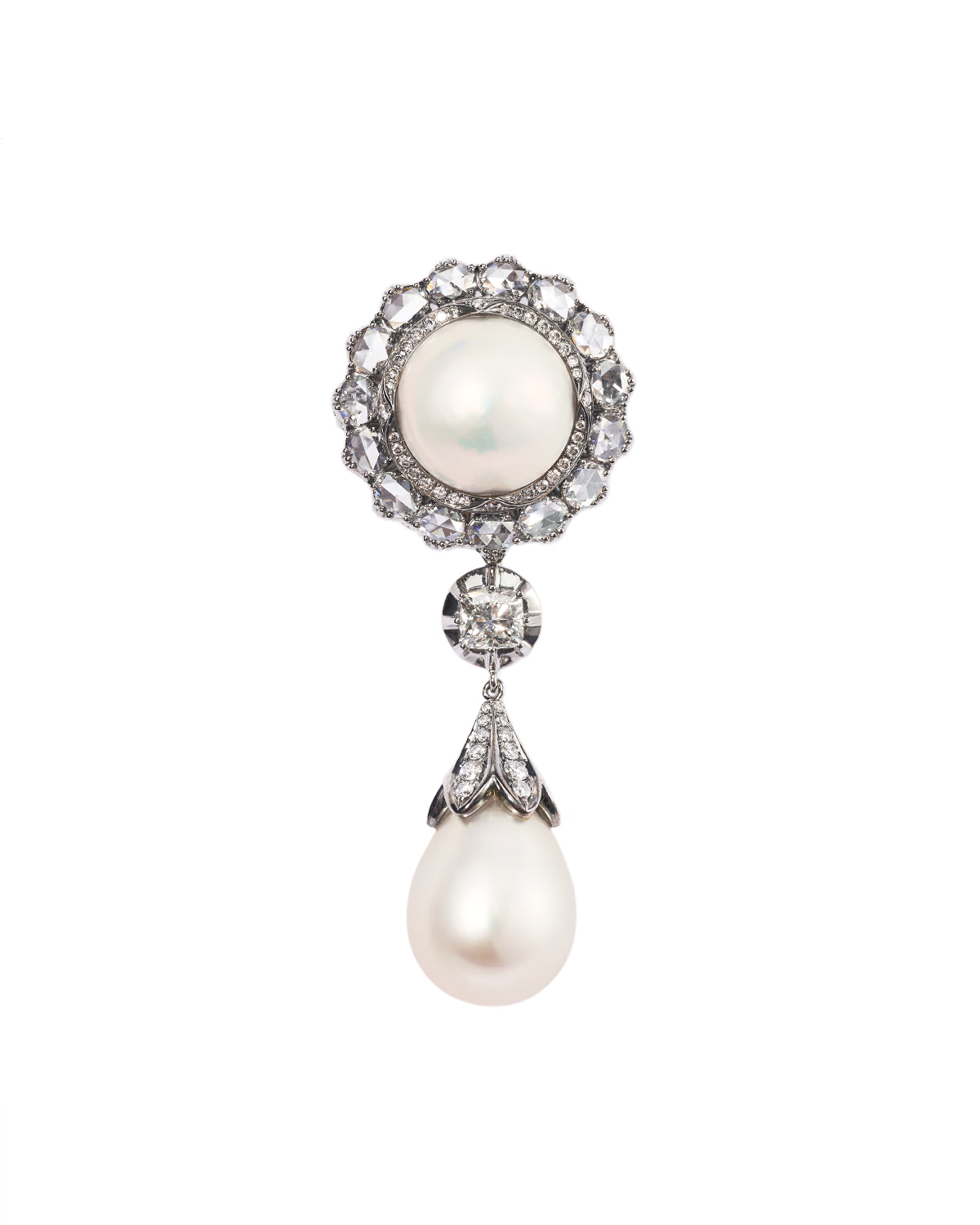 OLD MINE CUT DIAMOND PEARL BROOCH