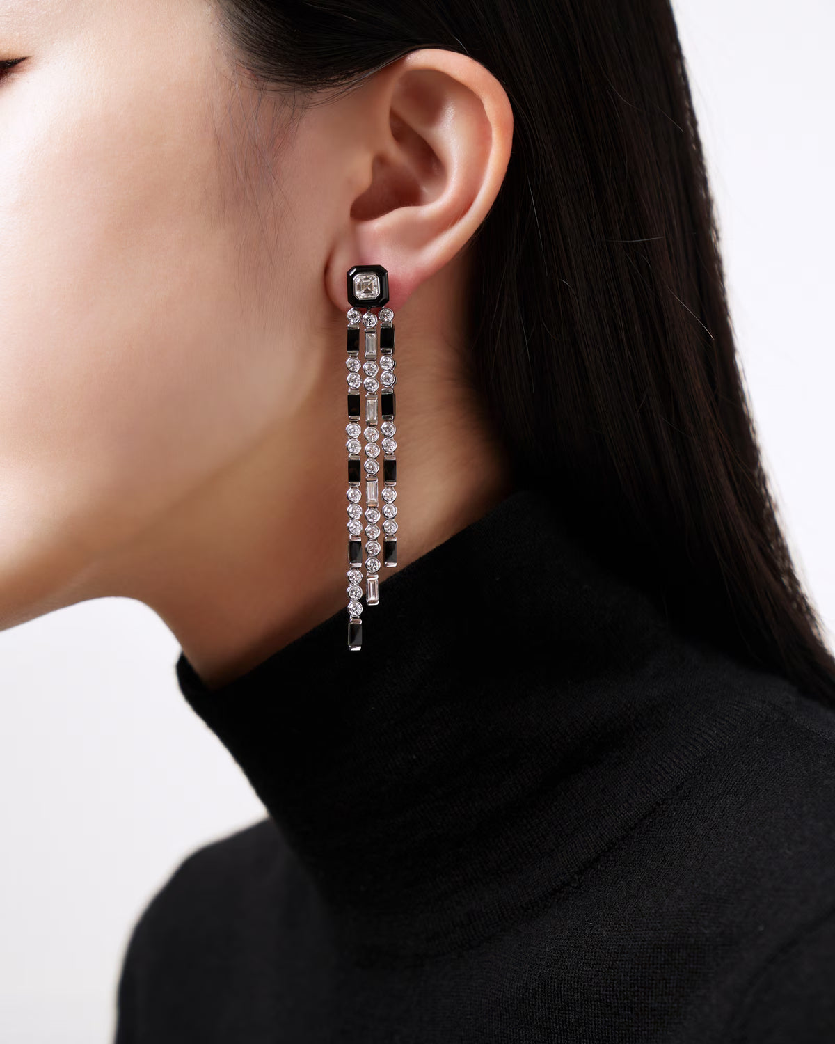 DIAMOND AND BLACK ONYX CHANDELIER  EARRINGS
